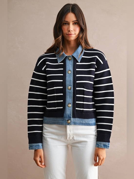 Mable Sweaters - NWT Navy Striped Knit Cardigan with Denim Trim | Button Down Cardigan